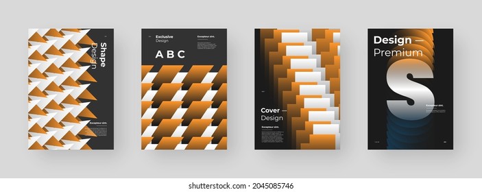 Abstract set Placards, Posters, Flyers, Banner Designs. Colorful illustration on vertical A4 format. Original geometric shapes composition. Decorative minimal backdrop.