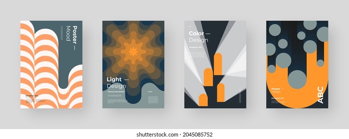 Abstract set Placards, Posters, Flyers, Banner Designs. Colorful illustration on vertical A4 format. Original geometric shapes composition. Decorative minimal backdrop.