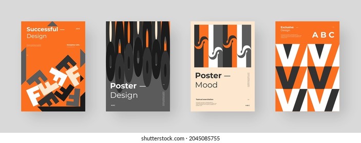 Abstract set Placards, Posters, Flyers, Banner Designs. Colorful illustration on vertical A4 format. Original geometric shapes composition. Decorative minimal backdrop.