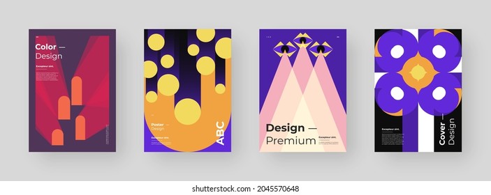 Abstract set Placards, Posters, Flyers, Banner Designs. Colorful illustration on vertical A4 format. Original geometric shapes composition. Decorative minimal backdrop.
