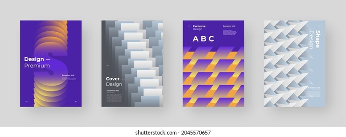 Conjunto abstracto de carteles, afiches, volantes, diseños de pancartas. Ilustración colorida sobre el formato vertical A4. Composición de formas geométricas originales. Marco decorativo mínimo.