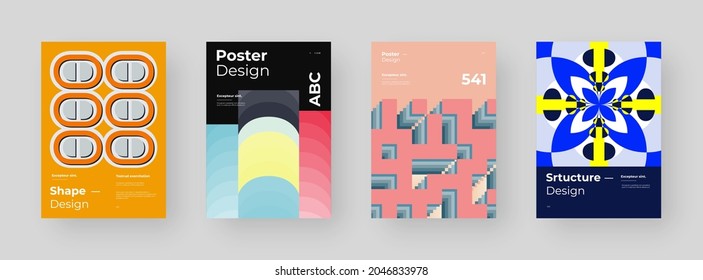 Conjunto abstracto de carteles, afiches, volantes, diseños de pancartas. Ilustración colorida sobre el formato vertical A4. Composición de formas geométricas originales. Marco decorativo mínimo.