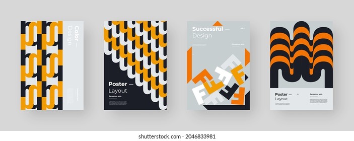 Abstract set Placards, Posters, Flyers, Banner Designs. Colorful illustration on vertical A4 format. Original geometric shapes composition. Decorative minimal backdrop.