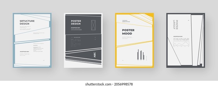 Abstract set Placards, Posters, Flyers, Banner Designs, Blank, Document. Colorful illustration on vertical A4 format. Original geometric shapes composition. Decorative minimal backdrop.