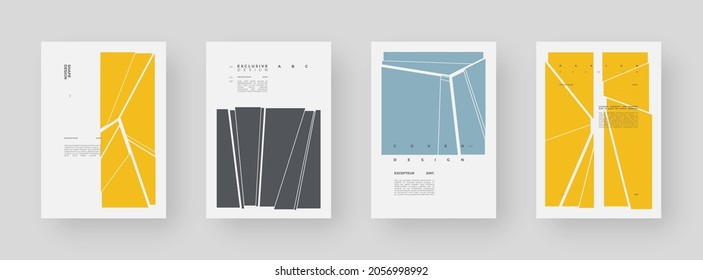 Abstract set Placards, Posters, Flyers, Banner Designs, Blank, Document. Colorful illustration on vertical A4 format. Original geometric shapes composition. Decorative minimal backdrop.