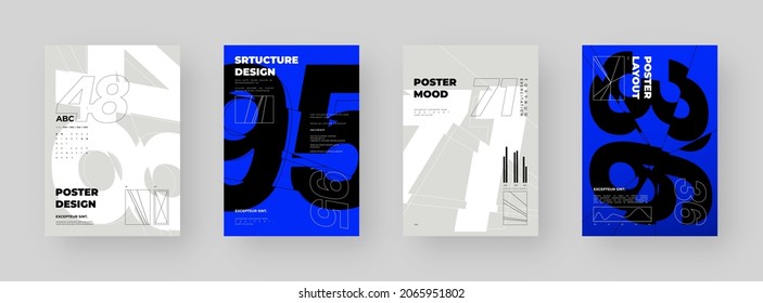 Conjunto abstracto de carteles, afiches, volantes, diseños de pancartas, en blanco, documento. Ilustración colorida sobre el formato vertical A4. Composición de formas geométricas originales. Marco decorativo mínimo.
