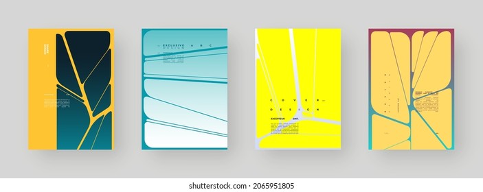 Abstract set Placards, Posters, Flyers, Banner Designs, Blank, Document. Colorful illustration on vertical A4 format. Original geometric shapes composition. Decorative minimal backdrop.