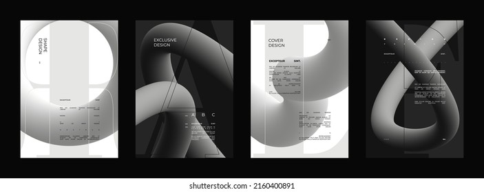 Abstrakte Set-Plakate, Poster, Flyer und Banner-Designs. Vertikales A4-Format. Strenge und diskrete Broschüre. Typ und 3D-Formen.