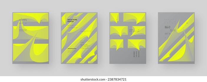 Conjunto abstracto de carteles, afiches, volantes, diseños de pancartas. Formato vertical A4. Composición de forma 3d colorida Formas poliedónicas simples 3D.