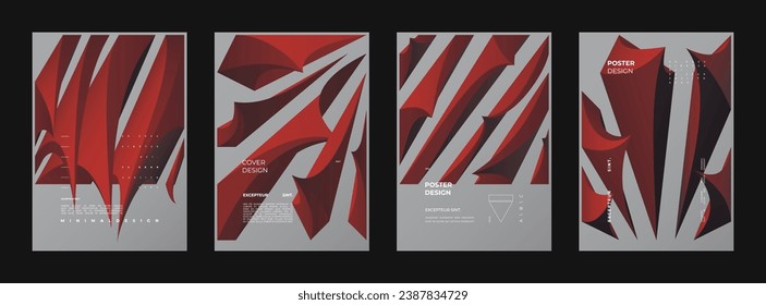 Abstract set Placards, Posters, Flyers, Banner Designs. Vertical A4 format. Colorful 3d form composition Polyhedral simple 3D shapes.