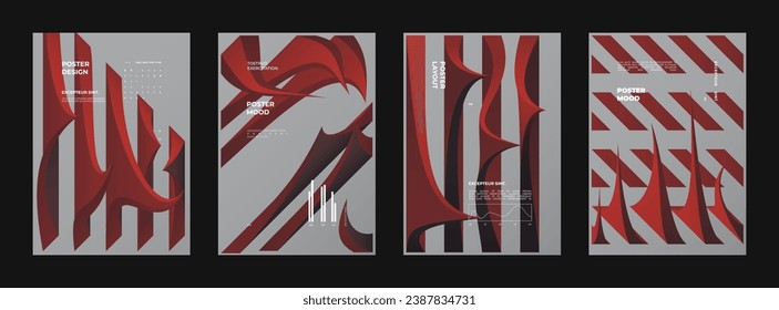 Abstract set Placards, Posters, Flyers, Banner Designs. Vertical A4 format. Colorful 3d form composition Polyhedral simple 3D shapes.