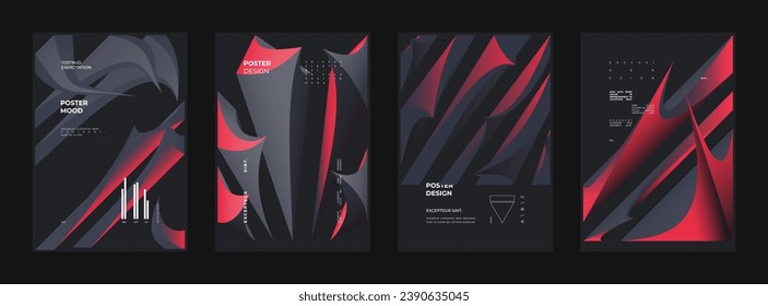 Abstract set Placards, Posters, Flyers, Banner Designs. Vertical A4 format. Colorful 3d form composition Polyhedral simple 3D shapes.