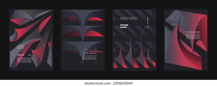 Abstract set Placards, Posters, Flyers, Banner Designs. Vertical A4 format. Colorful 3d form composition Polyhedral simple 3D shapes.