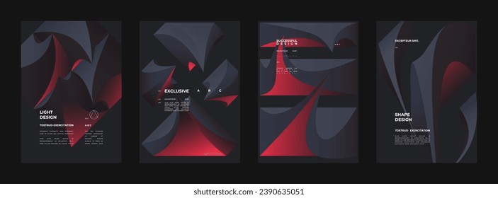 Conjunto abstracto de carteles, afiches, volantes, diseños de pancartas. Formato vertical A4. Composición de forma 3d colorida Formas poliedónicas simples 3D.
