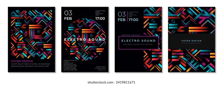 Abstract set placards, posters, flyers, banner designs with 3d gradient lines. Geometric concert invitation set. Future geometric pattern.	