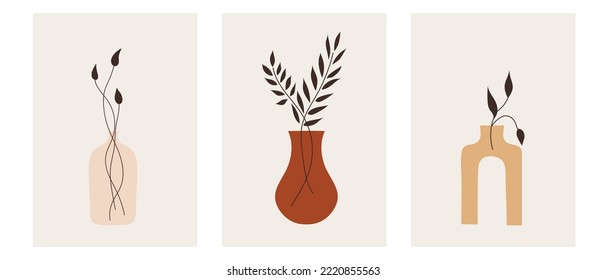 Abstract set of posters in Boho style. Plants with flowers in pots. Eco friendly design. Hand drawn minimalistic vector illustration. Clay jugs. Doodle botanical plants.