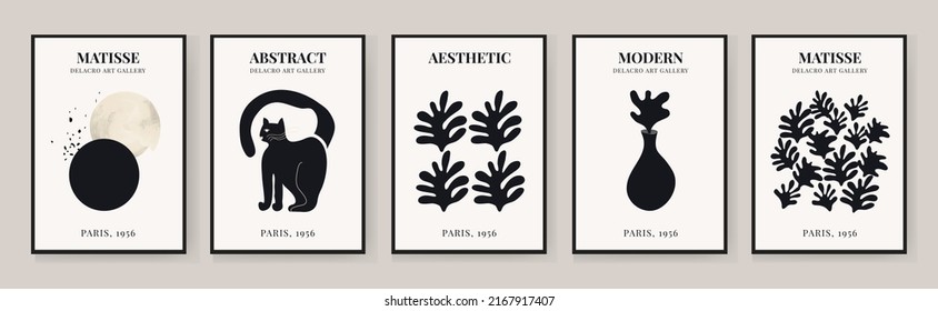 Abstract Set of posters depicting a cat, a vase and geometric shapes in the Matisse style, aesthetic modern Art. Illustration in vector style. Poster, Postcard..