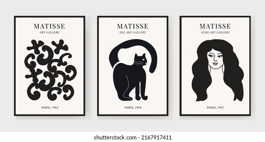 Abstract Set of posters depicting a cat, a woman and geometric shapes in the Matisse style, aesthetic modern Art. Illustration in vector style. Poster, Postcard..