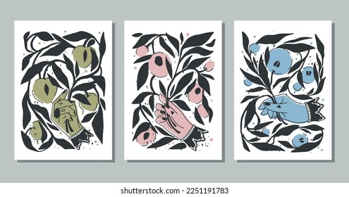 Abstract set of posters with flowers in hands. Hand drawn trendy colorful vector illustration. Suitable for social media posts, mobile applications, banner design and online advertising. Fashion vecto