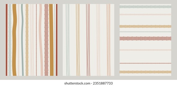 Abstract set of posters with hand-drawn various stripes. Wall art in boho style. Presentation design template, business card, web, nursery design, baby shower.