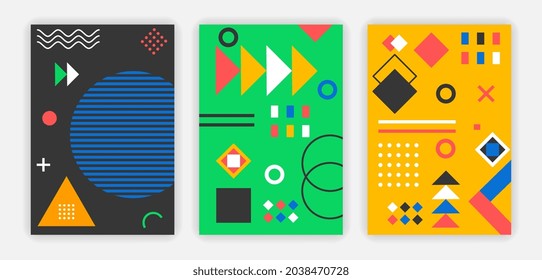 Resumen de afiches al estilo de Memphis. Arte retro con forma geométrica, línea y onda. Plantilla colorida para redes sociales e impresión. Colección vectorial plana de dibujos animados aislada en fondo blanco