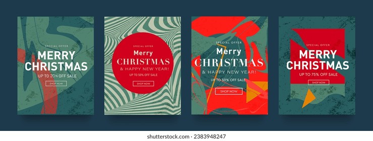 Abstract Set Posters Merry Christmas and Happy New Year 2024. Special Offer 20-75%. Geometric Psychedelic Line with Memphis Element. Discount for Advertising, Social Media, Poster, Banner, Cover. 