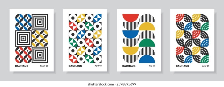 Abstract set with posters in retro bauhaus flat style. Vector illustration. Colorful designs with simple geometric shapes. Seamless pattern collection. 