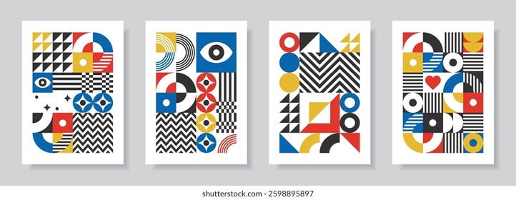 Abstract set with posters in retro bauhaus flat style. Vector illustration. Colorful designs with simple geometric shapes. Seamless pattern collection. 