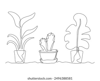 abstract set of potted flowers, potted plants, houseplants.  continuous single line art drawing sketch, logo  