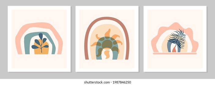 Resumen conjunto arco iris con formas , sol, rama con hojas aisladas en fondo beige. Ilustración plana vectorial. Clipart de estilo escandinavo para impresiones modernas, tarjetas de felicitación, carteles, arte mural. 