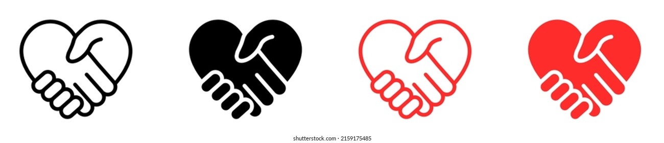 Abstract set with red and black handshakes heart vector icons. Sign friendship or partnership icons. Peace and love symbol. Sign agreement. 