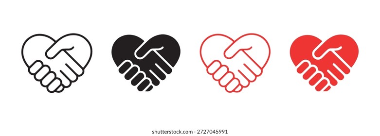 Conjunto Abstractas con iconos de vectores de corazón de apretones de manos rojos y negros. Firma iconos de amistad o asociación. Símbolo de paz y amor. Firma Acuerdo.