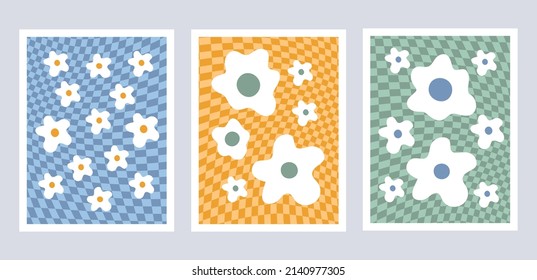 Abstract set retro aesthetic backgrounds with groovy daisy flowers on colorful checkered background. Vintage floral mid century art prints in style hippie 60s, 70s. Vector illustration