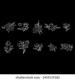 Abstract set with rose outline set for print design. Vector contour drawing. Logo illustration. Silhouette symbol. Vintage floral pattern. Vector illustration art.