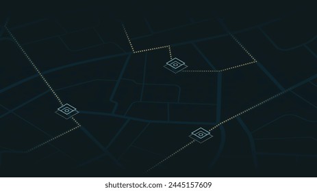 Abstractas conjunto de rutas en el mapa de la ciudad, con edificios y carreteras. Ilustración vectorial sobre fondo negro