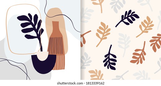 Abstract set with seamless pattern and minimalist poster, wall art, doodle shapes, modern design, decorative leaf in vase