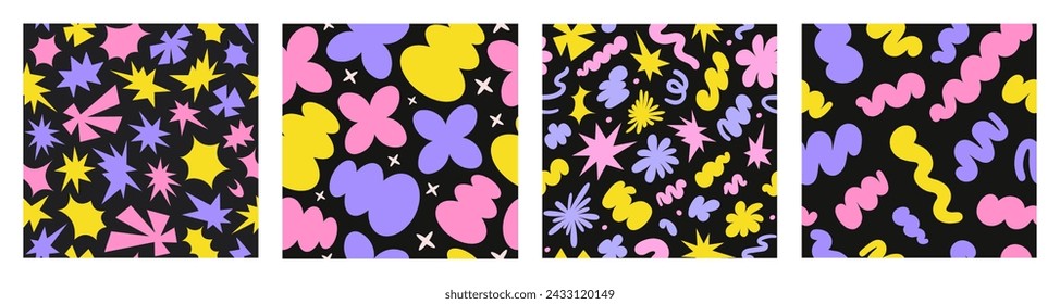 Abstract set seamless patterns with colorful retro groovy shapes on a black background. Vector illustration in style 90s, 00s