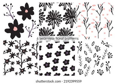 An abstract set seamless patterns with hand drawn florals elements. Designed for social media, wallpapers, textile, packaging design