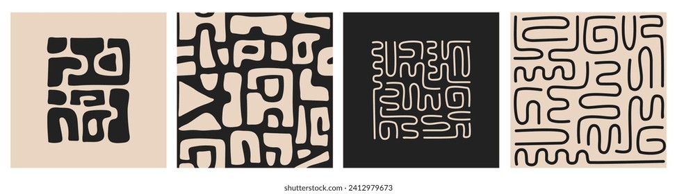 Abstract set seamless patterns and prints with organic cut out shapes. Trendy vector collage. Black and beige colors