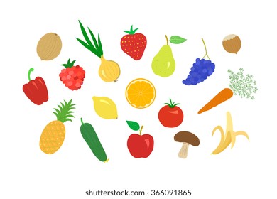 Abstract set of seventeen fruits, berries, vegetables and nuts placed on white background. Vector illustration.