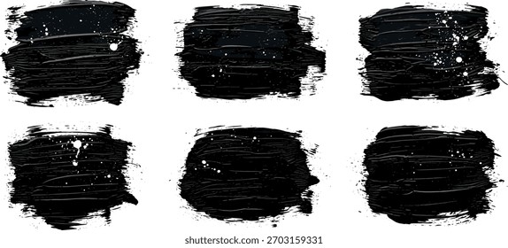 Abstrakter Satz von sechs schwarzen Farbflecken einzeln auf weißer Oberfläche. Die Pinselstriche zeigen eine starke Textur und Details, ideal für farbige oder künstlerische Gestaltungselemente.