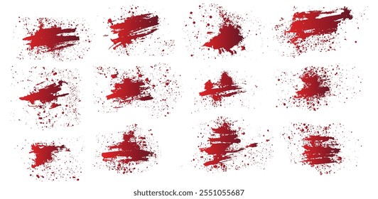 Abstractas conjunto de salpicaduras de sangre de color rojo. Conjunto realista de salpicaduras de sangre roja. Conjunto de fondo de salpicaduras de sangre roja