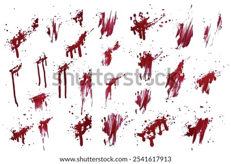 Abstract set of splatter red color blood background. red blood splashes set. Realistic red blood spatter set