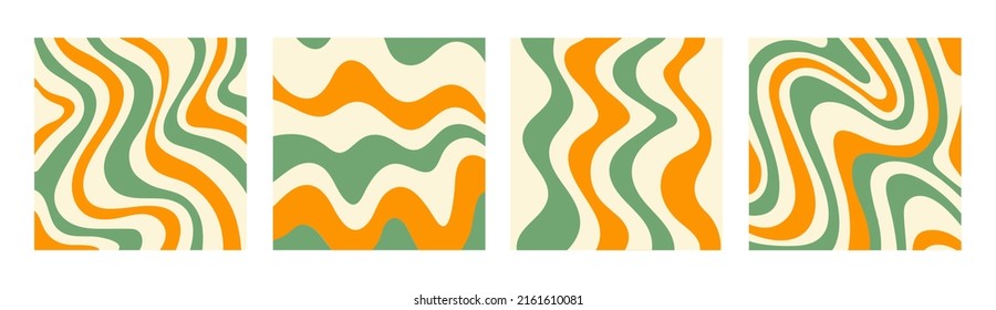 Abstract set square backgrounds with colorful waves. Trendy vector illustration in style retro 60s, 70s. Green, yellow and beige colors