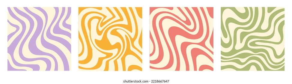 Abstract set square backgrounds with colorful waves. Trendy vector illustration in style retro 60s, 70s. Pastel colors