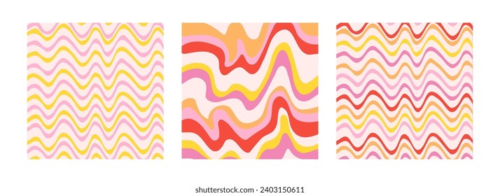 Abstract set square backgrounds with colorful wave lines. Retro groovy patterns. Trendy vector illustration in style retro 60s, 70s. Red, pink, yellow and orange colors. 