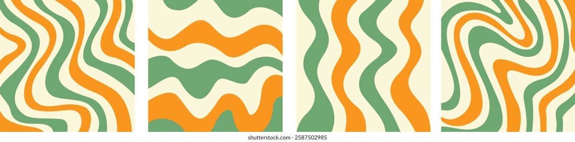 Abstract set square backgrounds with colorful waves. Trendy vector illustration in style retro 60s, 70s. Green, yellow and beige color