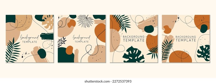 Abstract set of square templates with tropical leaves and geometric shapes. Good for social media posts, mobile apps, banner designs and online promotions. Tropical vector background collection.