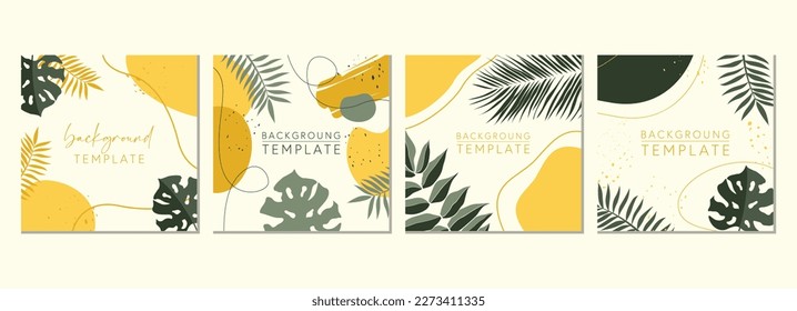 Abstract set of square templates with tropical leaves and geometric shapes. Good for social media posts, mobile apps, banner designs and online promotions. Tropical vector background collection.