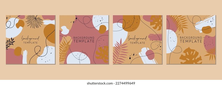 Abstract set of square templates with tropical leaves and geometric shapes. Good for social media posts, mobile apps, banner designs and online promotions. Tropical vector background collection.